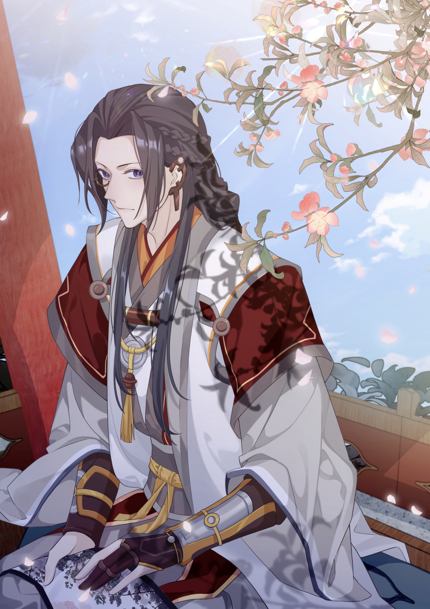 1boy, absurdres, architecture, arm_guards, braid, branch, brown_gloves, brown_hair