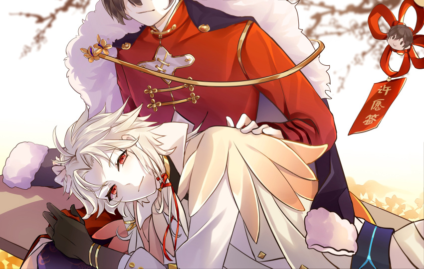 2boys, antenna_hair, bench, black_coat, black_gloves, black_hair, black_shirt, blonde_hair