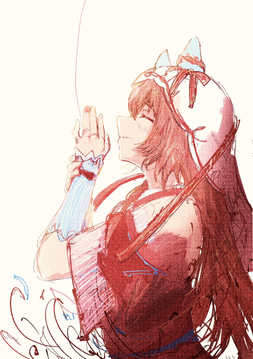 1girl, animal_ears, b0tam0chi3, brown_hair, closed_eyes, closed_mouth, detached_sleeves, dress