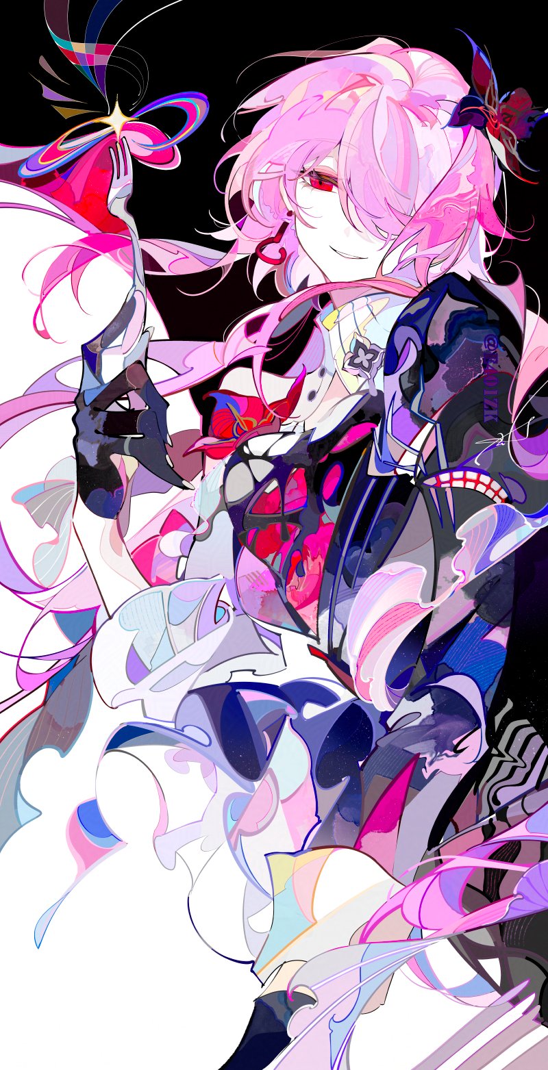 1girl, amphoreus_(honkai:_star_rail), black_flower, black_gloves, collar, earrings, evernight_(honkai:_star_rail), ezu_(e104mjd)