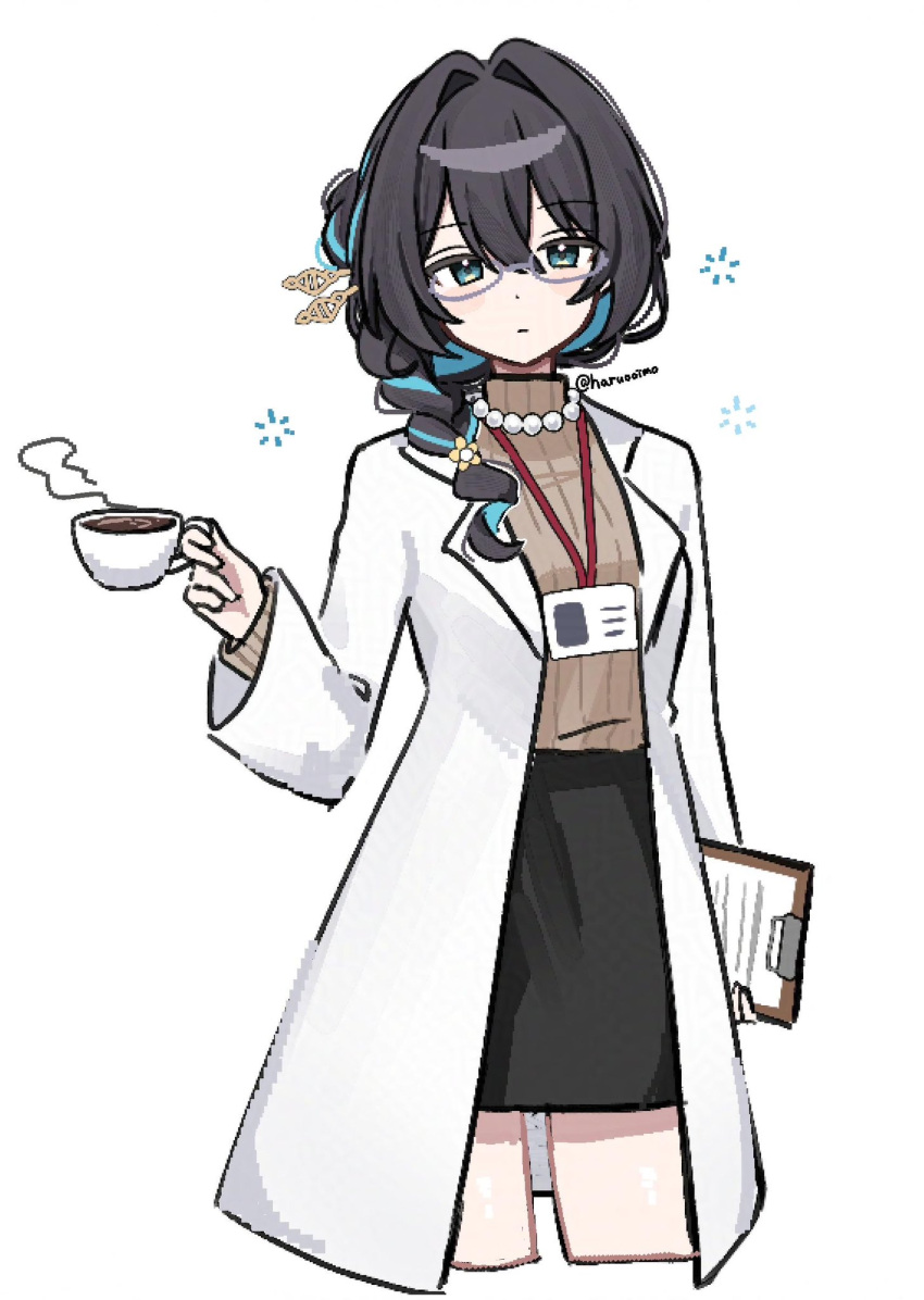 1girl, aqua_eyes, bead_necklace, beads, black_hair, black_skirt, blue_hair, clipboard