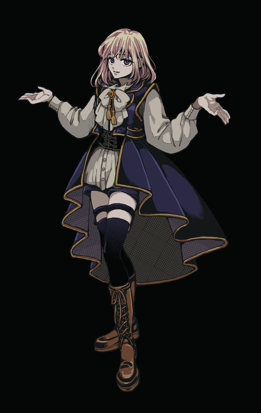 1girl, bang_dream!, bang_dream!_it's_mygo!!!!!, black_background, black_coat, black_corset, black_shorts, black_thighhighs, blonde_hair, boots, brooch, brown_boots, closed_mouth, coat, commentary_request, corset, doloris_(bang_dream!), full_body, hachibousei_dance_(bang_dream!), hands_up, highres, horokenmo, jewelry, long_sleeves, looking_at_viewer, medium_hair, misumi_uika, neck_ribbon, official_alternate_costume, official_art, ribbon, shirt, shorts, simple_background, sleeveless, sleeveless_coat, solo, standing, tassel, thigh-highs, violet_eyes, white_shirt