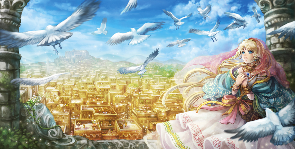 blonde_hair, blue_eyes, braid, chiko_(d04099), cityscape, dress, earrings, jewelry
