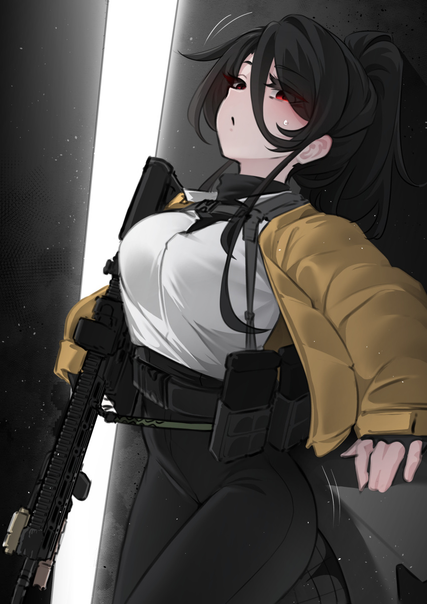 1girl, :/, absurdres, alley, ammunition_pouch, ar-15, assault_rifle, bandit-chan_(k0ng)