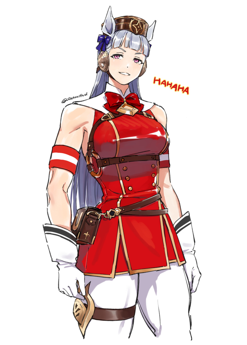 1girl, animal_ears, armband, belt_pouch, blunt_bangs, bow, bowtie, breasts
