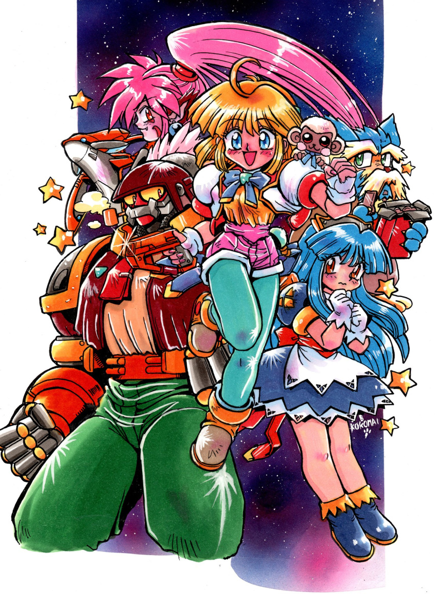2boys, 3girls, ahoge, animal, animal_hands, animal_on_shoulder, apron, armor