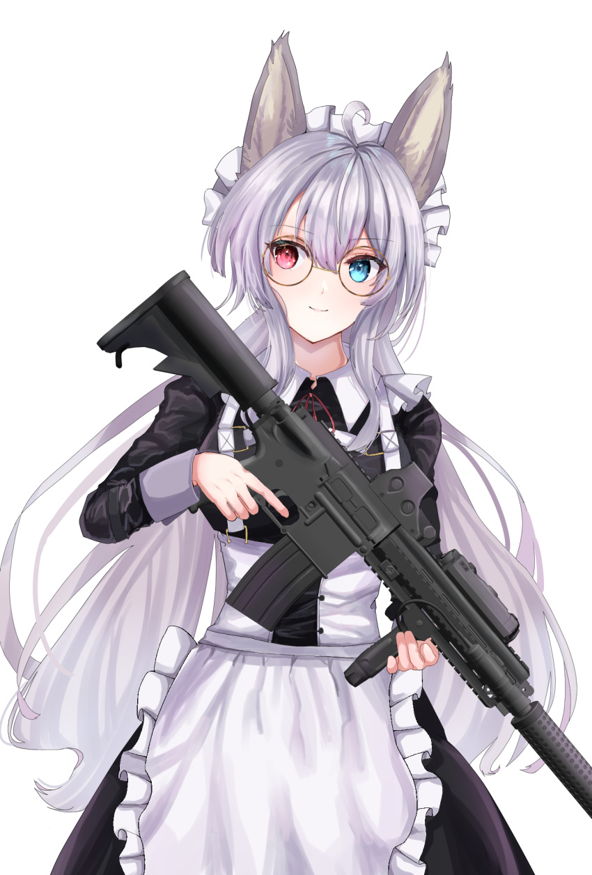 1girl, animal_ears, apron, black_dress, blue_eyes, breasts, brown-framed_eyewear, commentary_request