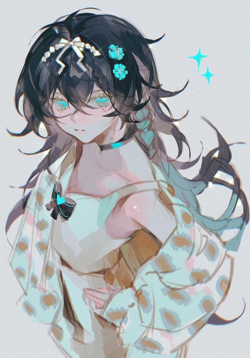 1girl, aqua_eyes, aqua_flower, black_bow, black_bowtie, black_choker, black_hair, bow