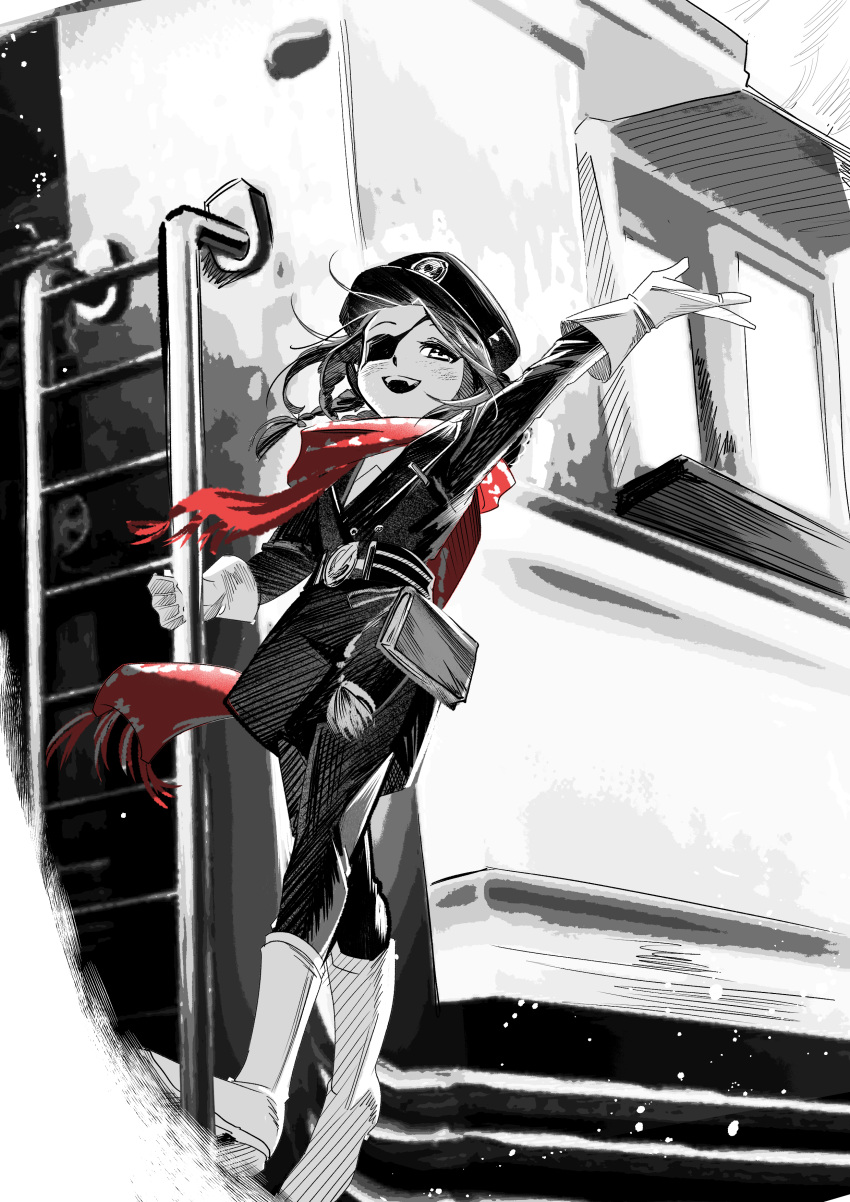 1girl, :d, absurdres, aima_(reverse:1999), arm_up, boots, eyepatch, full_body