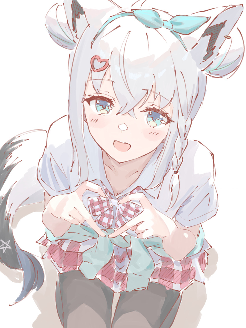 1girl, :d, animal_ears, aqua_hairband, black_pantyhose, blue_eyes, blush, braid