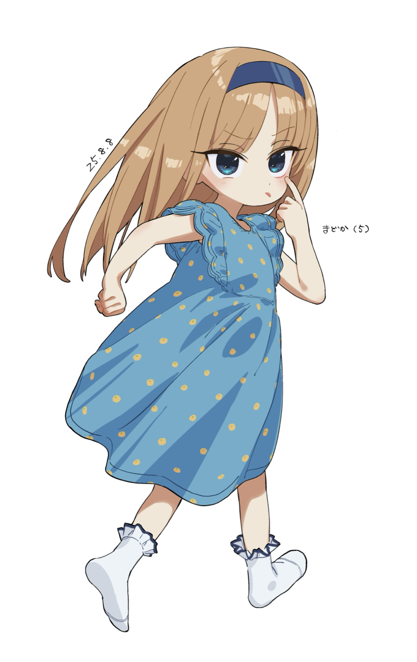 1girl, :p, akanbe, blue_dress, blue_hairband, bouen, brown_hair, child, commentary_request, dress, eyelid_pull, frilled_socks, frills, full_body, hairband, highres, long_hair, looking_at_viewer, no_shoes, original, polka_dot, polka_dot_dress, simple_background, socks, solo, susuki_madoka_(bouen), tongue, tongue_out, white_background, white_socks