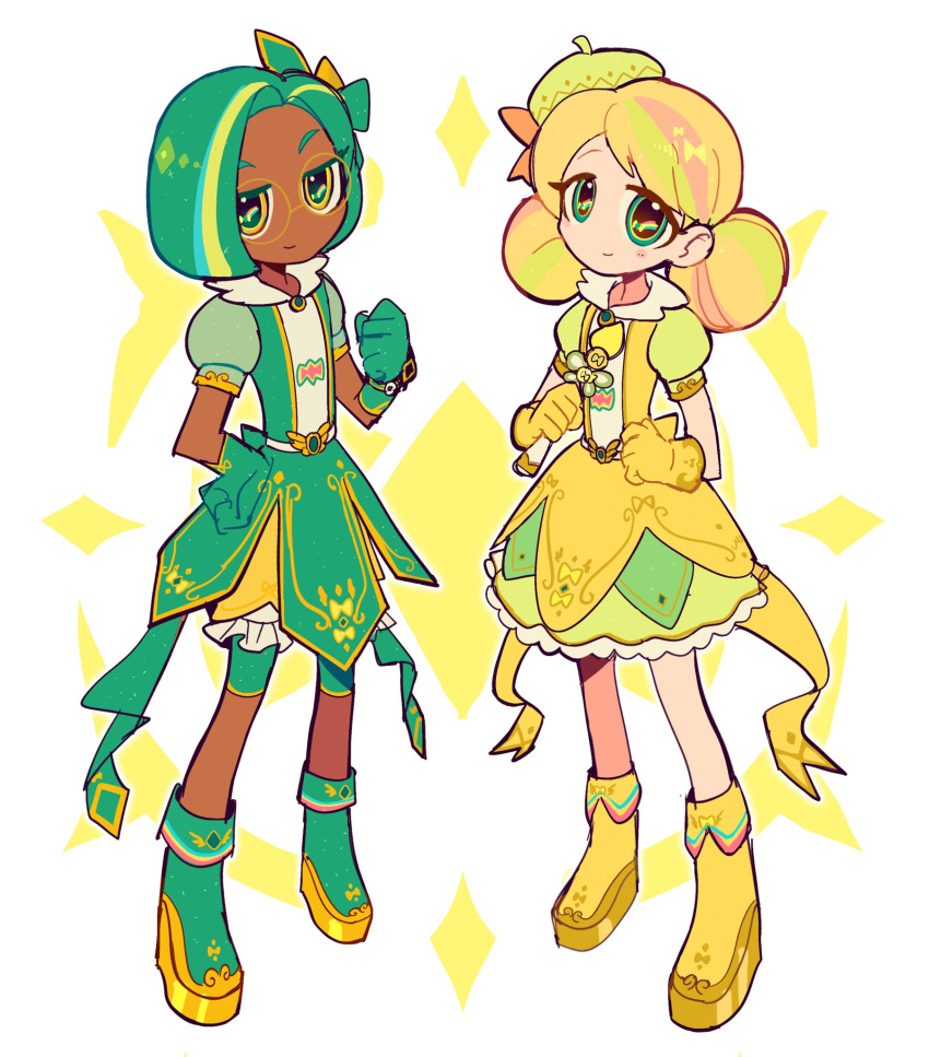2girls, beret, blonde_hair, boots, closed_mouth, commentary_request, dark-skinned_female, dark_skin, double_bun, dress, full_body, glasses, gloves, green_boots, green_eyes, green_gloves, green_hair, green_leaf_(rainbow_bubblegem), hair_bun, hat, highres, holding, holding_paintbrush, korean_commentary, looking_at_viewer, magical_girl, mai341, multicolored_hair, multiple_girls, paintbrush, pink_hair, puffy_short_sleeves, puffy_sleeves, rainbow_bubblegem, round_eyewear, short_hair, short_sleeves, simple_background, smile, standing, streaked_hair, symbol_in_eye, white_background, yellow-framed_eyewear, yellow_boots, yellow_dress, yellow_eyes, yellow_gloves, yellow_gold_(rainbow_bubblegem), yellow_hat