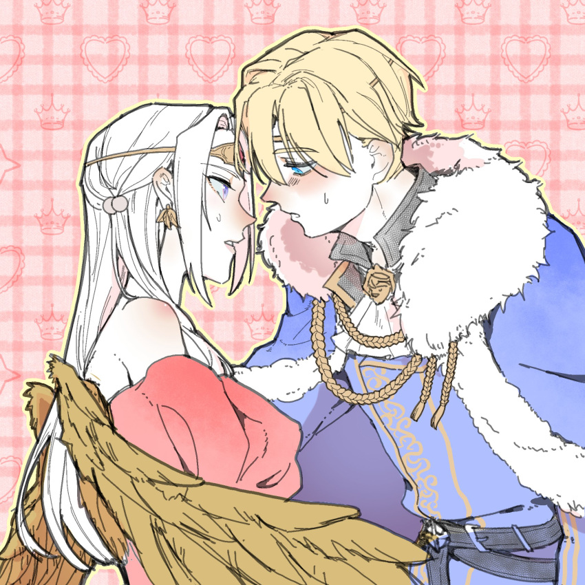 1boy, 1girl, artist_request, bare_shoulders, belt, blonde_hair, blue_cape, blue_hair