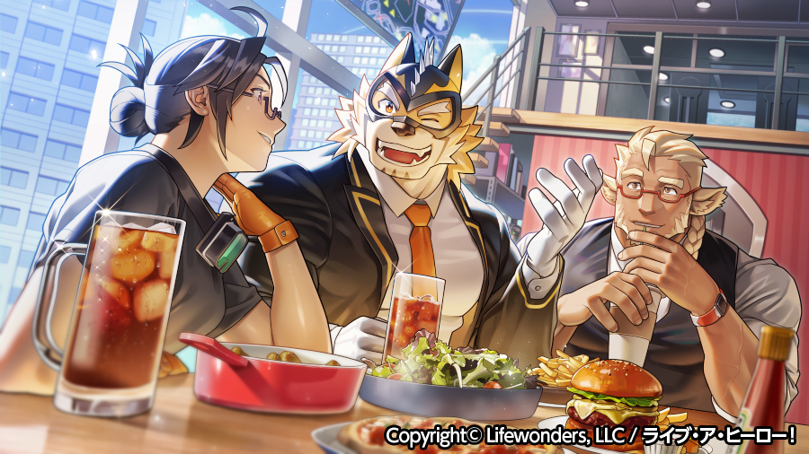 1girl, 2boys, animal_ears, black_coat, black_hair, black_shirt, black_vest, blonde_hair