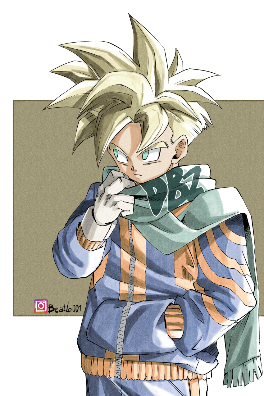 1boy, absurdres, alternate_costume, beatlo_(rodrigo38658978), blonde_hair, blue_jacket, blue_pants, copyright_name