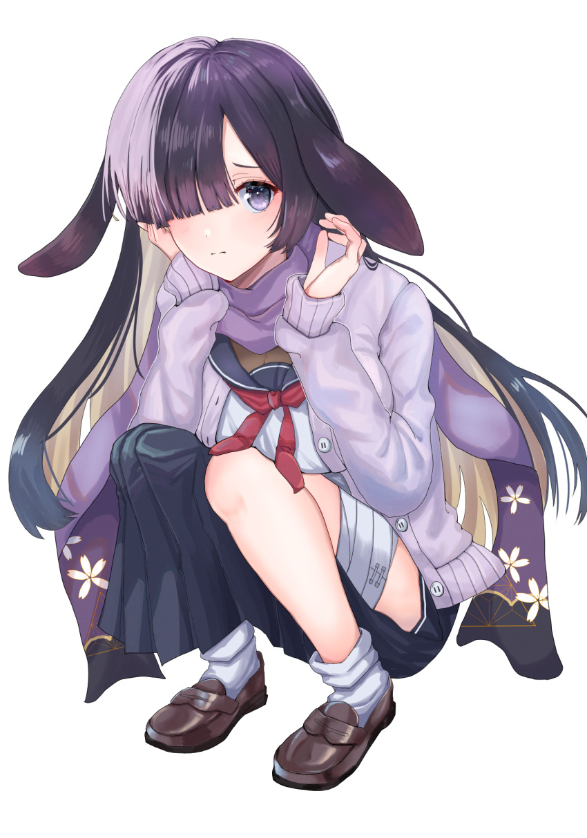 1girl, :|, animal_ears, bandaged_leg, bandages, black_skirt, blue_archive, blue_sailor_collar