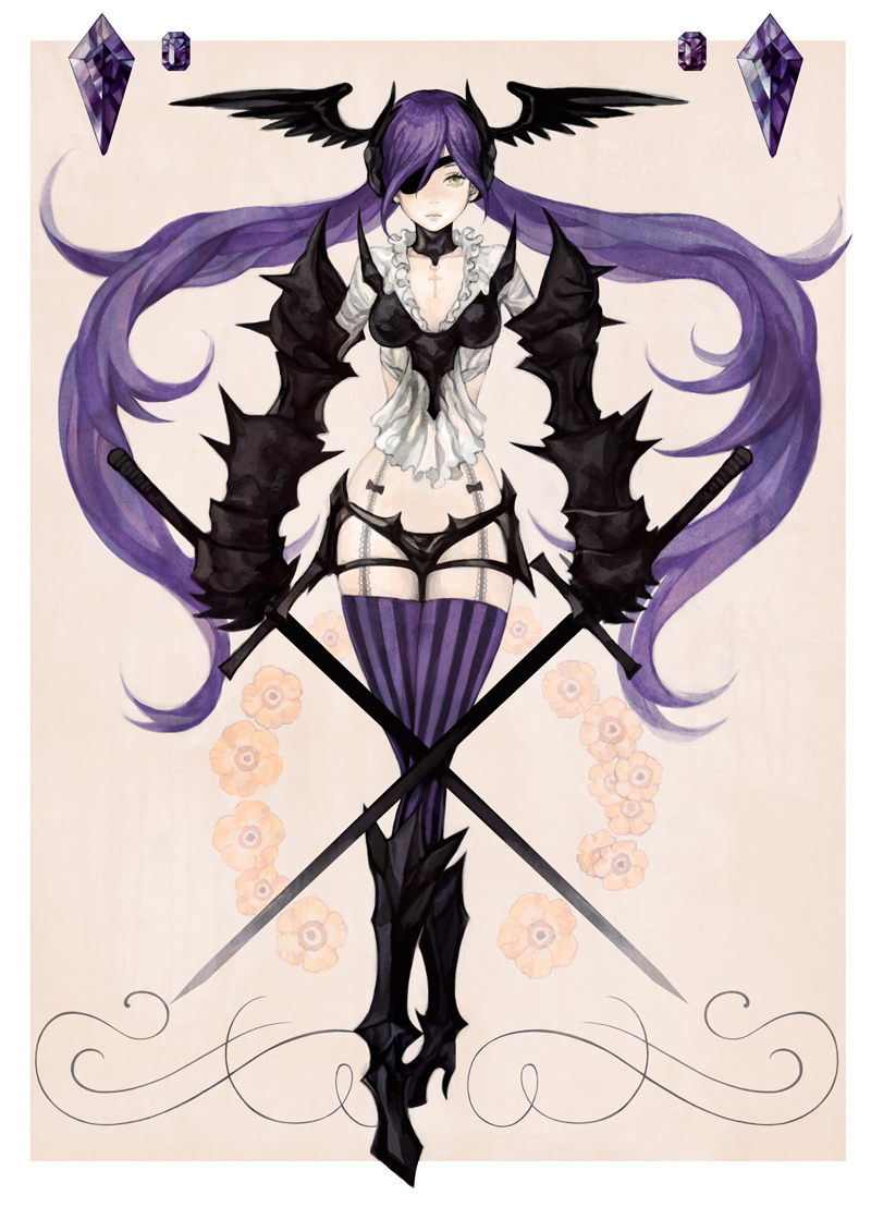 armor, choker, cross, dual_wielding, eyepatch, fantasy_earth_zero, flower, gem, head_wings, purple_hair, rem_(artist), sword, thigh-highs, thighhighs, tsulala, twintails, vertical-striped_legwear, vertical_stripes, weapon