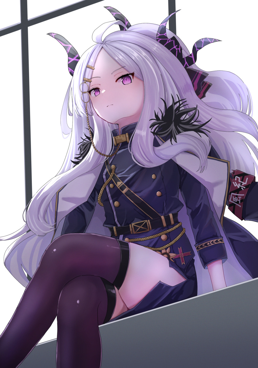 1girl, black_coat, black_jacket, black_skirt, black_thighhighs, blue_archive, closed_mouth, coat