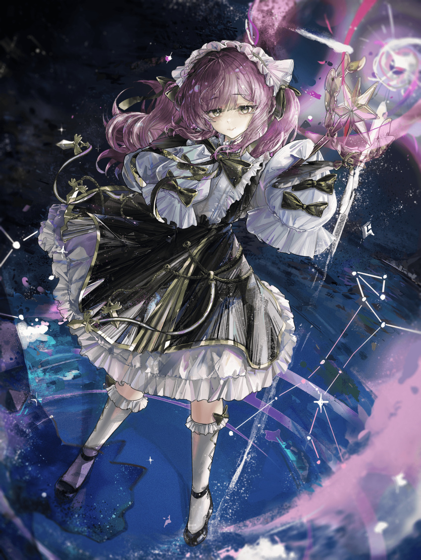 1girl, absurdres, azur_lane, black_shoes, closed_mouth, constellation, dress, dress_ribbon