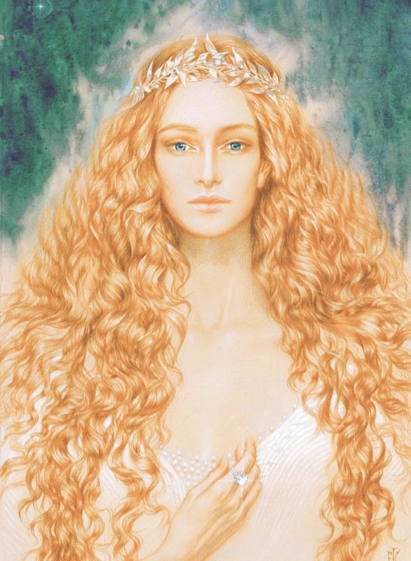 1girl, blonde_hair, blue_eyes, diamond_(gemstone), dress, elena_kukanova, elf, galadriel