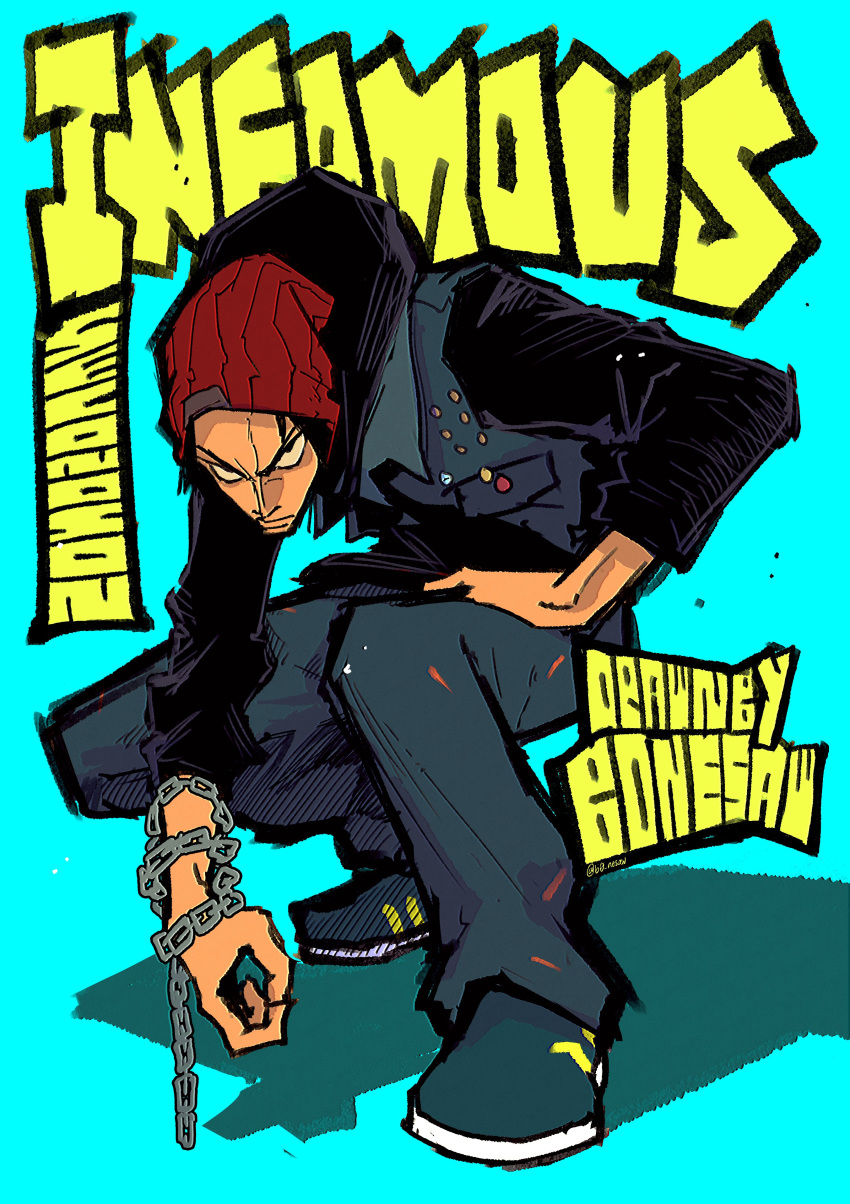 1boy, absurdres, artist_name, beanie, black_eyes, black_hair, bonesaw_(rdkshinku), brown_hair