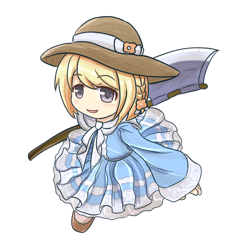 1girl, axe, blonde_hair, blue_dress, boots, braid, brown_boots, capelet