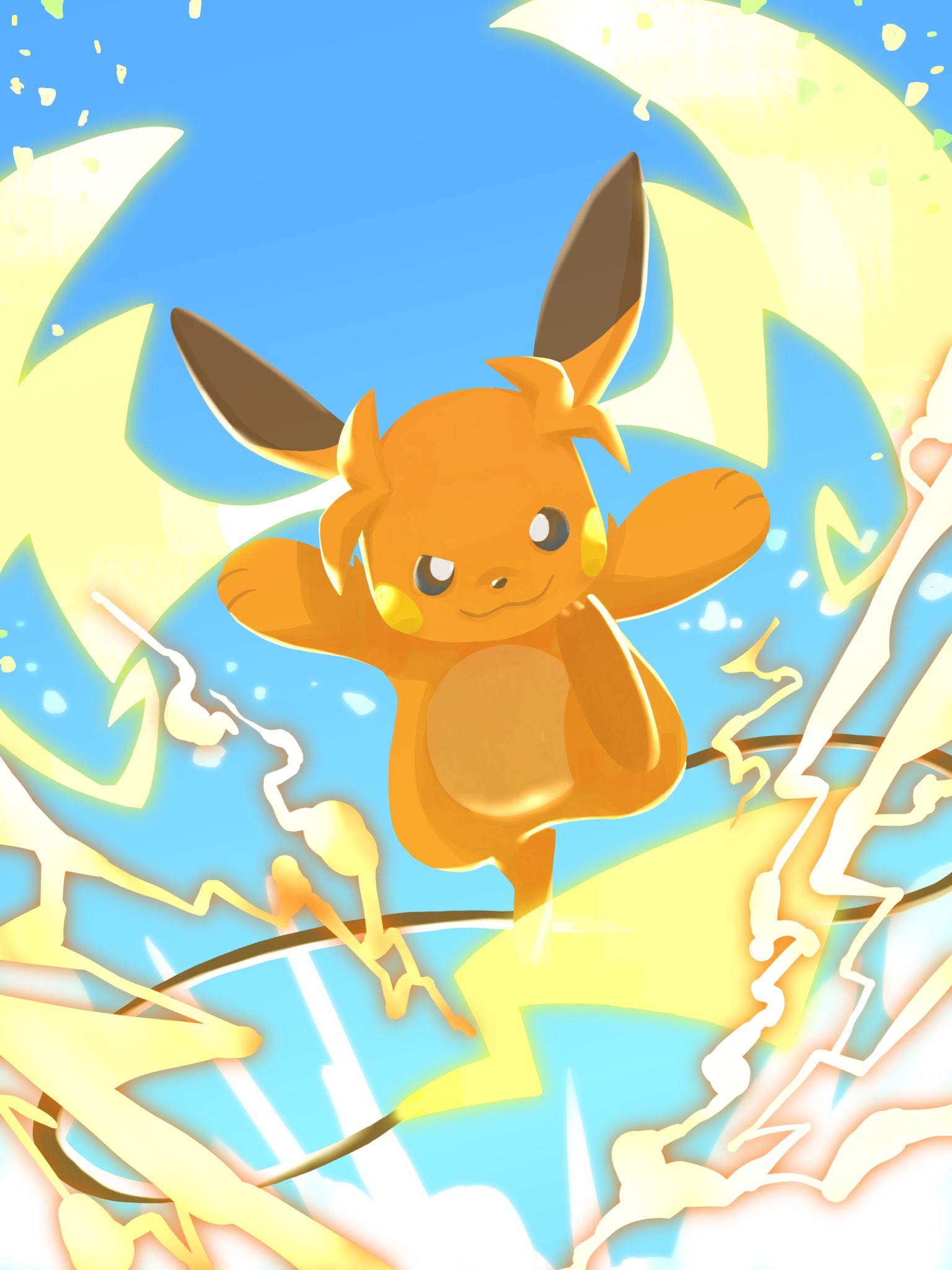 brown_eyes, closed_mouth, electricity, highres, looking_at_viewer, mega_pokemon, mega_raichu_y, monomo_monomos, no_humans, orange_fur, pokemon, pokemon_(creature), pokemon_focus, pokemon_legends:_z-a, raichu, smile, solo, tail, very_long_ears, very_long_tail, yellow_fur