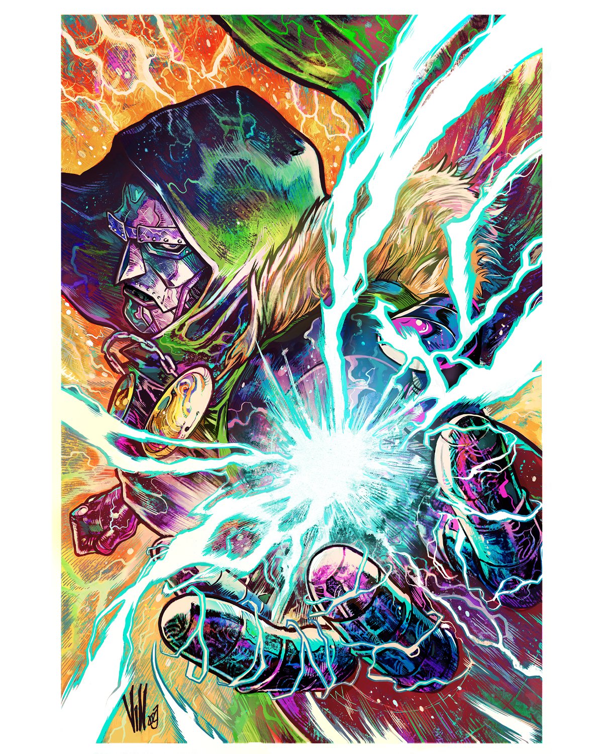 1boy, abstract_background, armor, cape, doctor_doom, dynamic_pose, energy_ball, fantastic_four