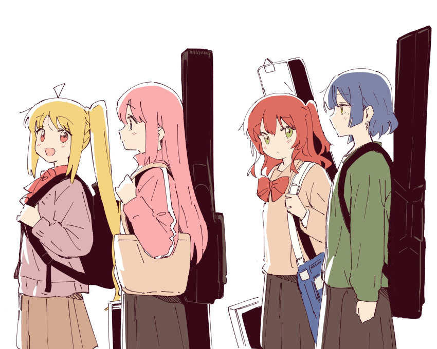 4girls, ahoge, bag, black_bag, black_skirt, blonde_hair, blue_hair, blush