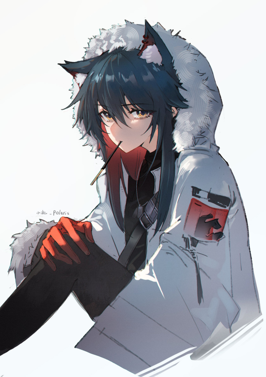 1girl, animal_ear_fluff, animal_ear_piercing, animal_ears, arknights, black_hair, colored_inner_hair, food
