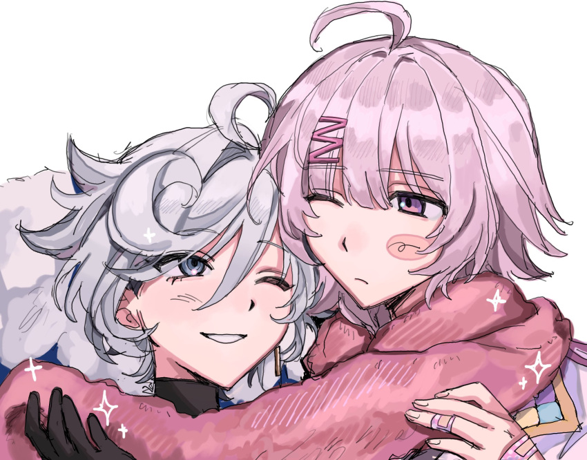 2boys, ahoge, black_gloves, blue_eyes, blush, blush_stickers, cielomort_(fragaria_memories), closed_mouth