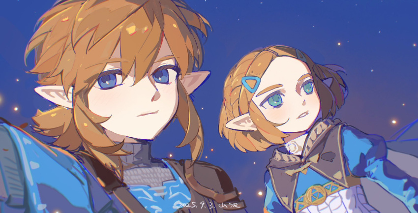 1boy, 1girl, armor, artist_name, black_cloak, blonde_hair, blue_background, blue_eyes