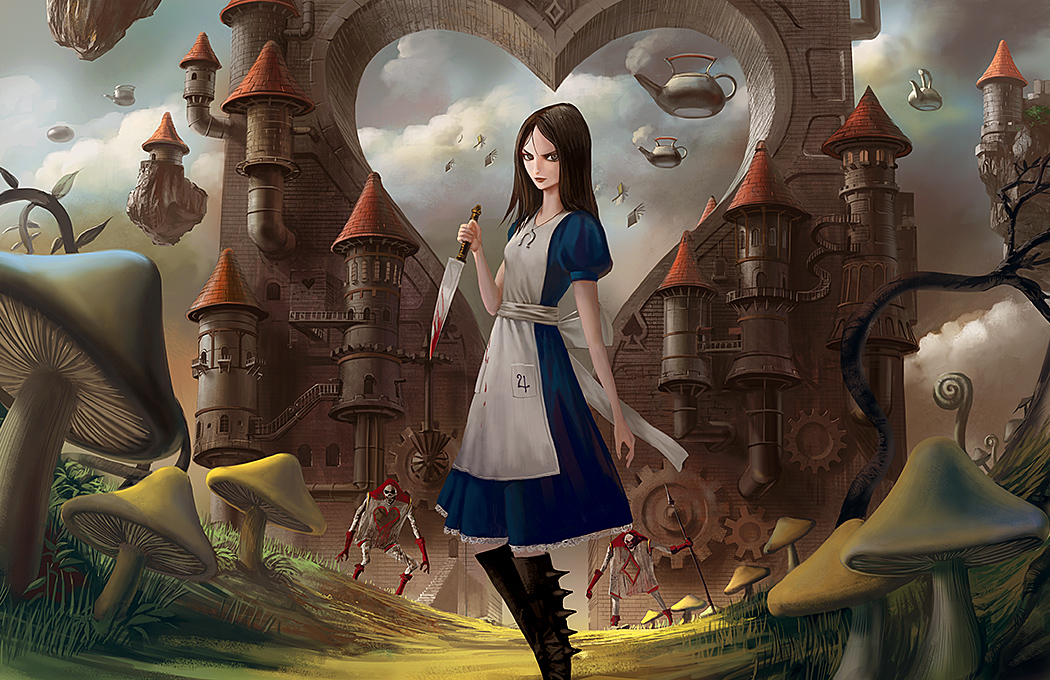 alice_(wonderland), alice_in_wonderland, american_mcgee's_alice, apron, blood, book, boots, brown_hair