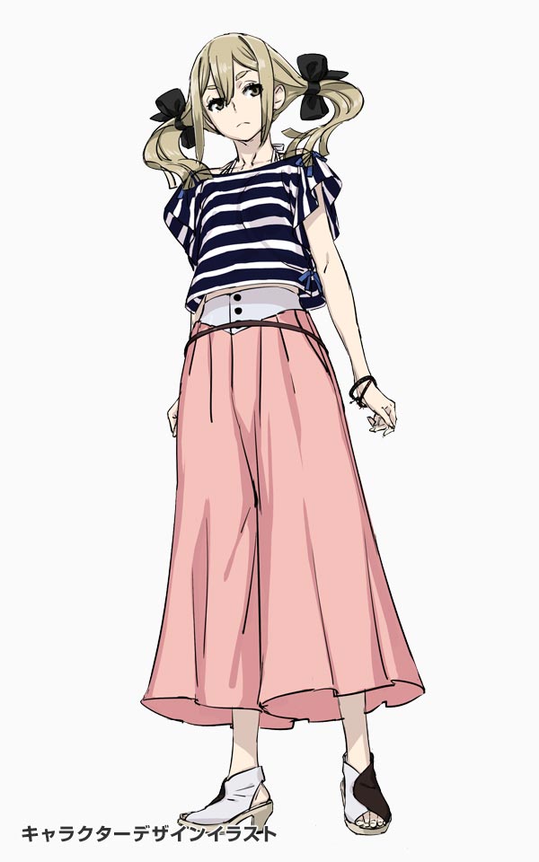 1girl, black_bow, blonde_hair, bow, brown_eyes, casual, cropped_shirt, expressionless