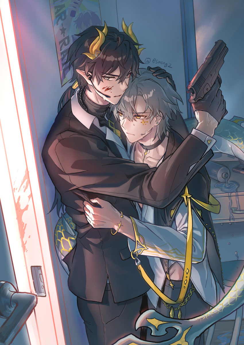 0saeng2, 2boys, absurdres, alternate_costume, black_choker, black_gloves, black_hair, black_pants, black_shirt, blood, blood_on_face, caelus_(honkai:_star_rail), choker, clothes_grab, commentary_request, dan_heng_(honkai:_star_rail), dan_heng_(lurking)_(honkai:_star_rail), dan_heng_(permansor_terrae)_(honkai:_star_rail), dragon_boy, dragon_horns, dragon_tail, gloves, grey_hair, gun, hair_between_eyes, hand_on_another's_head, handgun, headset, highres, holding, holding_gun, holding_weapon, honkai:_star_rail, honkai_(series), horns, indoors, jewel_under_eye, long_hair, long_sleeves, looking_at_viewer, male_focus, multiple_boys, official_alternate_costume, pants, parted_lips, pointy_ears, ponytail, poster_(object), shirt, short_hair, tail, trailblazer_(honkai:_star_rail), twitter_username, weapon, white_shirt, yellow_eyes, yellow_horns