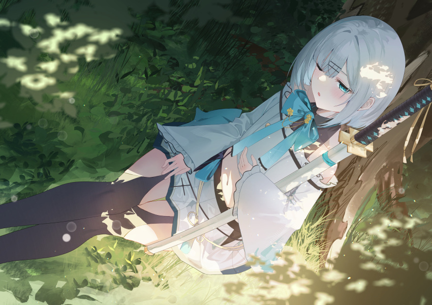 1girl, aki_uzuki3, aqua_eyes, aqua_ribbon, black_thighhighs, blush, feet_out_of_frame, grass