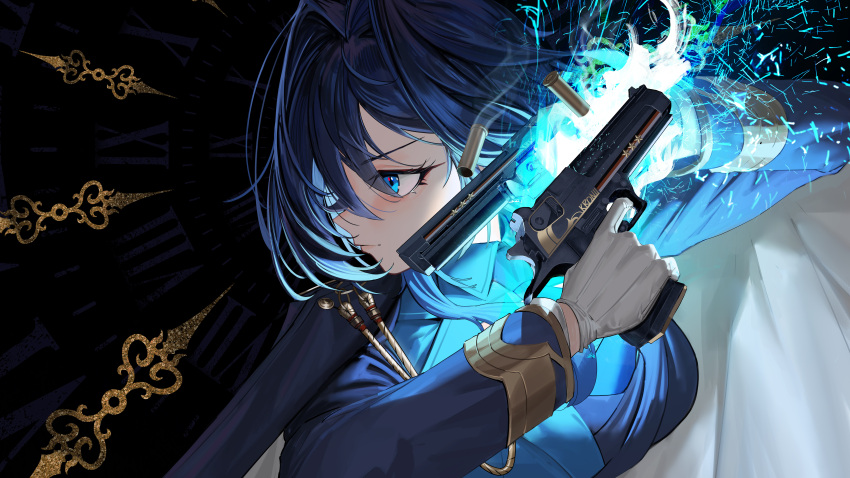 1girl, absurdres, blue_coat, blue_eyes, blue_hair, blue_jacket, blue_necktie, blue_shirt, closed_mouth, coat, coat_on_shoulders, collared_shirt, commentary, desert_eagle, dual_wielding, english_commentary, gloves, gun, hair_intakes, handgun, highres, holding, holding_gun, holding_weapon, hololive, hololive_english, jacket, massiveyog, medium_hair, military_jacket, military_uniform, necktie, official_alternate_costume, official_alternate_hairstyle, ouro_kronii, ouro_kronii_(4th_costume), shell_casing, shirt, solo, virtual_youtuber, weapon, white_gloves, wolf_cut