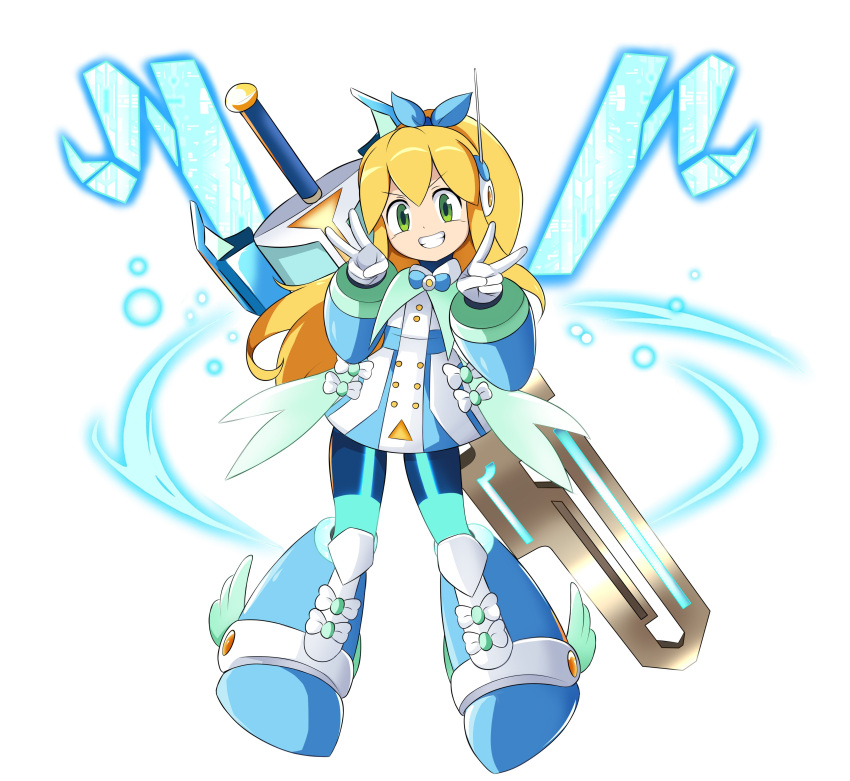 absurdres, armor, armored_boots, blonde_hair, blue_ribbon, blue_scarf, bodysuit, boots