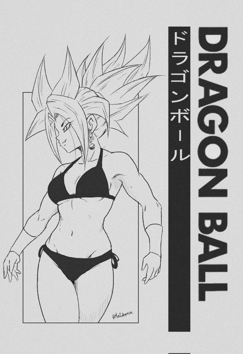 bikini, bracelet, breasts, copyright_name, dragon_ball, dragon_ball_super, earrings, grey_background