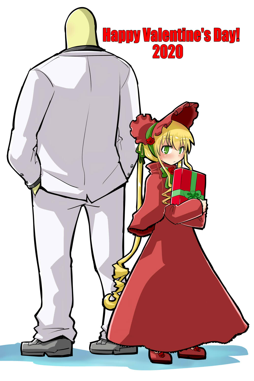 1boy, 1girl, 2020, 2channel, bald, blonde_hair, blush, bonnet