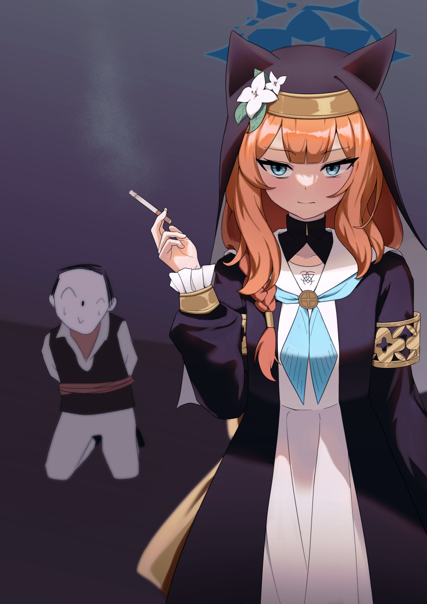 1boy, 1girl, absurdres, animal_ear_headwear, black_veil, blue_archive, blue_eyes, blue_halo