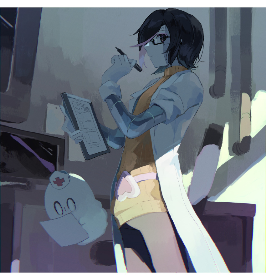 1boy, android, belt, black-framed_eyewear, black_eyes, black_hair, black_pants, chromatic_aberration