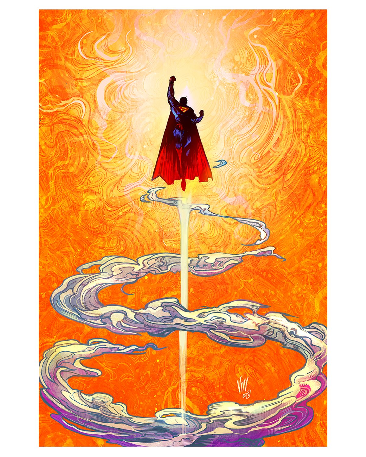 1boy, abstract_background, artist_name, blue_bodysuit, bodysuit, cape, clark_kent, dc_comics, dynamic_pose, flying, highres, red_bodysuit, red_cape, short_hair, signature, sky, skyline, solo, sunlight, superhero_costume, superman, superman_(series), superman_logo, two-tone_bodysuit, vinartwork, western_comics_(style)