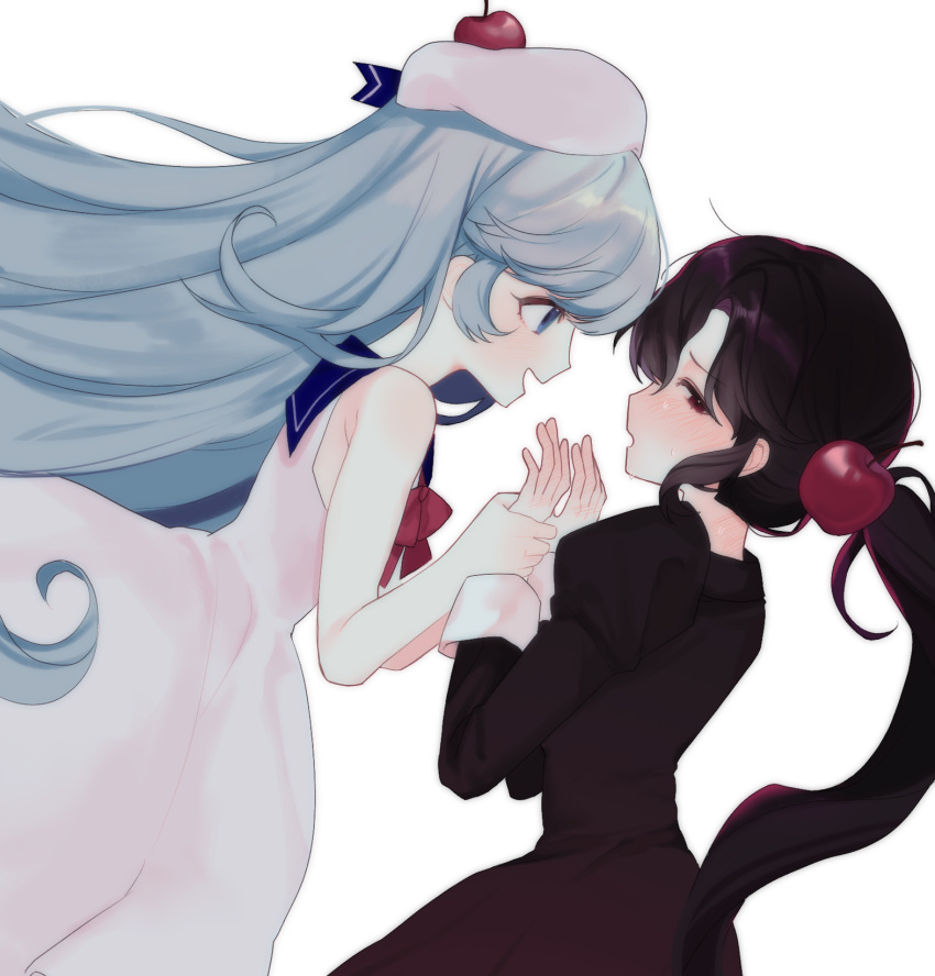 2girls, :d, :o, alternate_skin_color, bare_arms, bare_shoulders, black_hair, blue_eyes, blue_hair, blue_sailor_collar, blush, bow, bowtie, cherry_cola_cookie, cherry_hair_ornament, cherry_hat_ornament, commentary_request, cookie_run, cowboy_shot, cream_soda_cookie, dress, dutch_angle, duuduupower, face-to-face, facing_another, food-themed_hair_ornament, from_side, hair_between_eyes, hair_ornament, half-closed_eyes, hands_on_another's_hands, hands_up, hat, highres, humanization, juliet_sleeves, korean_commentary, long_hair, long_sleeves, looking_at_another, looking_at_viewer, looking_back, multiple_girls, nose_blush, open_mouth, pale_skin, ponytail, profile, puffy_sleeves, red_bow, red_bowtie, red_eyes, sailor_collar, simple_background, sleeveless, sleeveless_dress, smile, standing, swept_bangs, very_long_hair, white_background, white_dress, white_hat, yuri