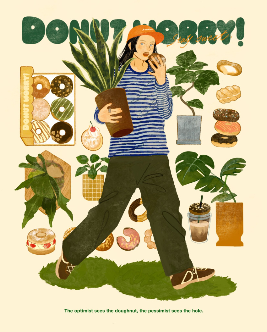 1girl, baseball_cap, black_hair, black_pants, blue_shirt, brown_shoes, cherry, chocolate_donut