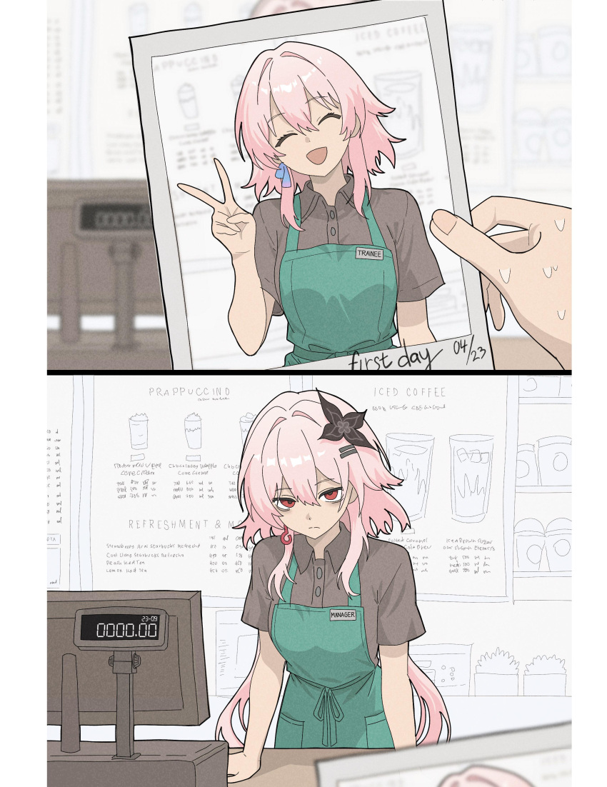 1girl, absurdres, black_shirt, buttons, closed_eyes, coffee, collared_shirt, darnuks, earrings, english_commentary, english_text, evernight_(honkai:_star_rail), flower, hair_flower, hair_ornament, highres, holding, holding_photo, honkai:_star_rail, honkai_(series), jewelry, looking_at_viewer, march_7th_(honkai:_star_rail), photo_(object), pink_hair, red_eyes, shirt, short_sleeves, single_earring, smile, sweatdrop, v