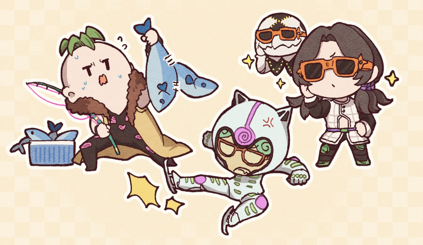 3boys, beach_boy_(stand), brown_hair, checkered_clothes, chibi, chibi_only, fish, fishing_rod