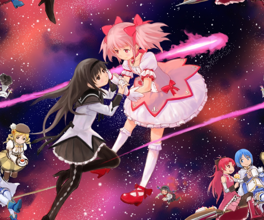 asteroid, black_eyes, black_hair, dual_persona, hand_holding, holding_hands, inai_inai, kaname_madoka