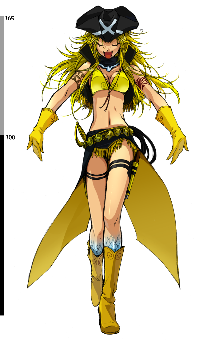 bikini_top, blonde_hair, boots, breasts, cleavage, closed_eyes, eyes_closed, freckles, gloves, gun, handgun, hat, height_chart, hip_cape, holster, ishikawa_yuga, jewelry, long_hair, mermaid, midriff, monster_girl, navel, necklace, open_mouth, pirate, pirate_hat, pixiv, pixiv_fantasia, pixiv_fantasia_5, scales, sheath, sheathed, smile, sword, tattoo, thigh_holster, transparent_background, weapon