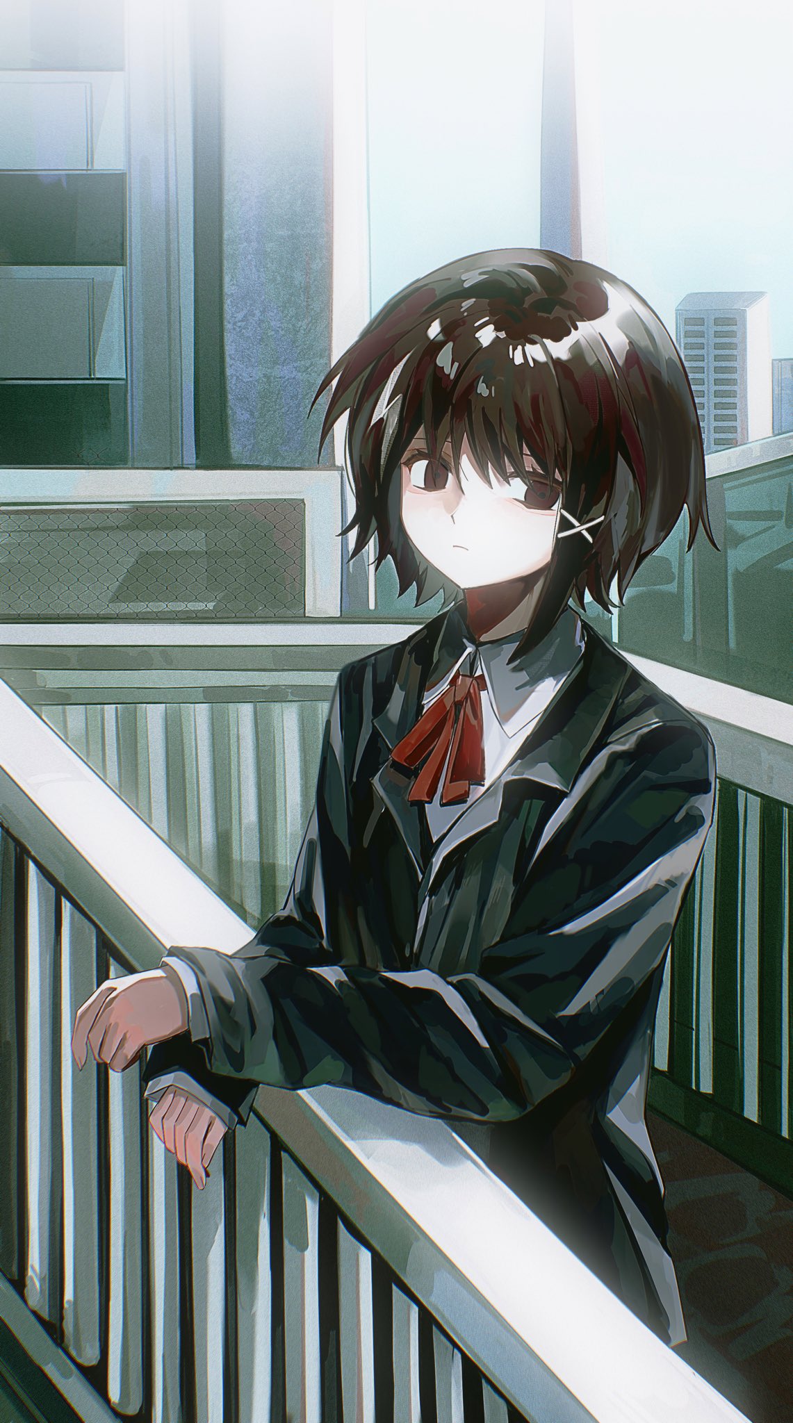 1girl, black_jacket, bow, bowtie, brown_hair, building, closed_mouth, collared_shirt, day, feiwusheng, hair_ornament, highres, iwakura_lain, jacket, looking_at_viewer, outdoors, railing, school_uniform, serial_experiments_lain, shirt, short_hair, skyscraper, sleeves_past_wrists, solo, standing, white_shirt, x_hair_ornament